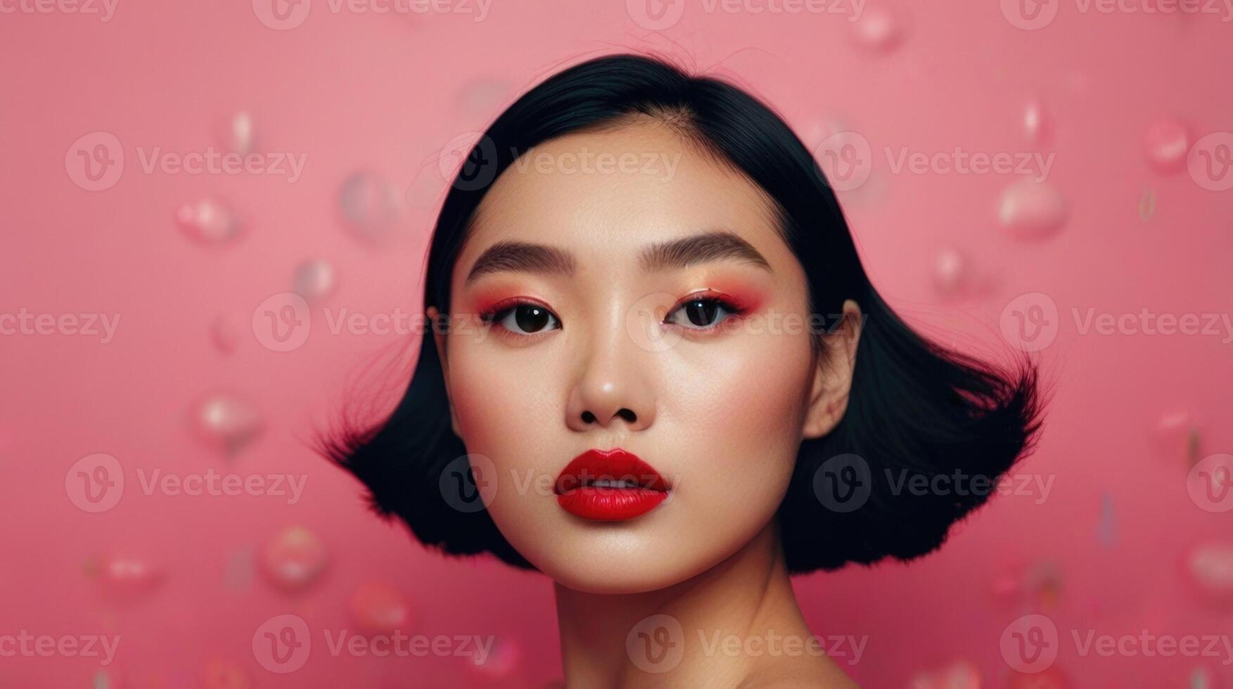 Beautiful asian woman with red lips and pink background photo
