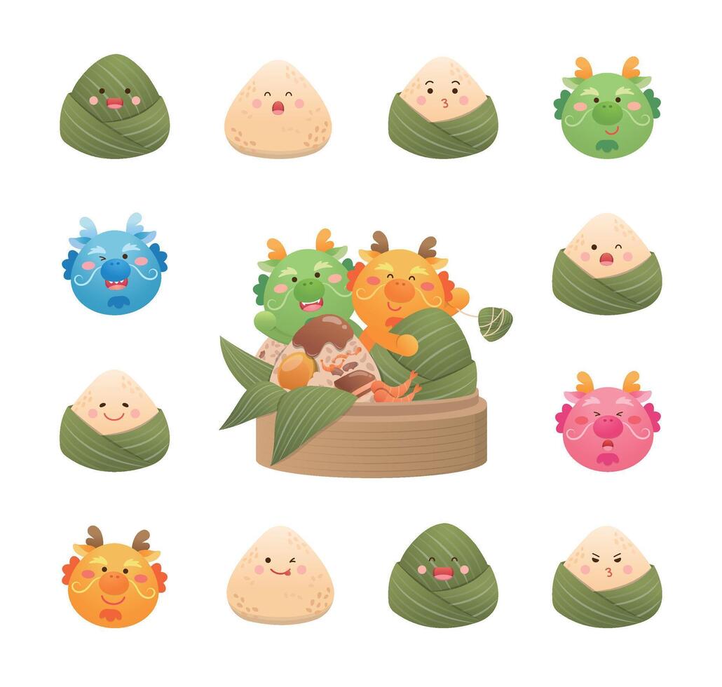 Zongzi and dragon mascot or character portrait with expression, playful and cute, illustration, set of elements for Dragon Boat Festival vector