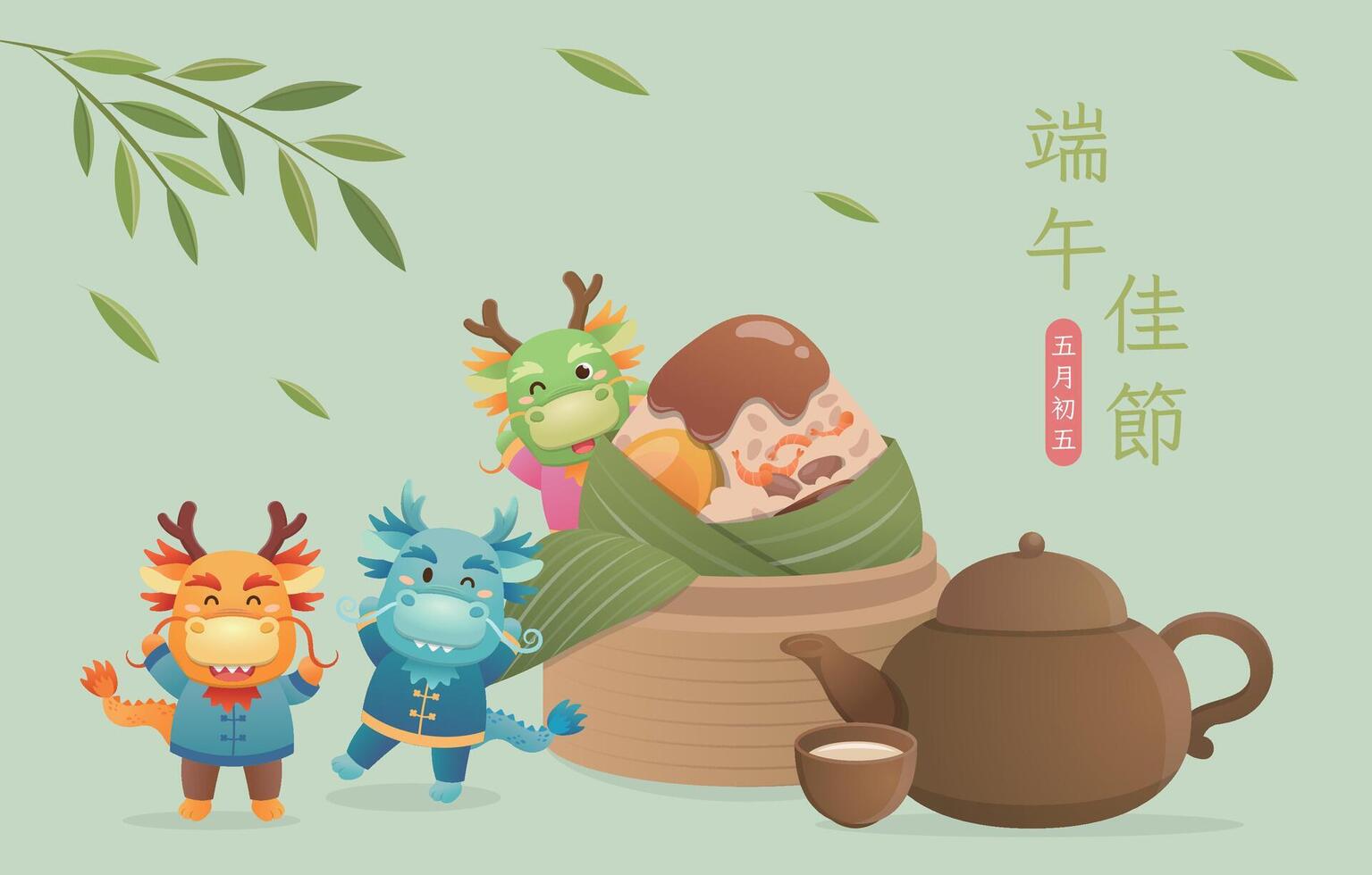 Chinese festival, poster with dragon and zongzi mascots, teapot and steamer vector