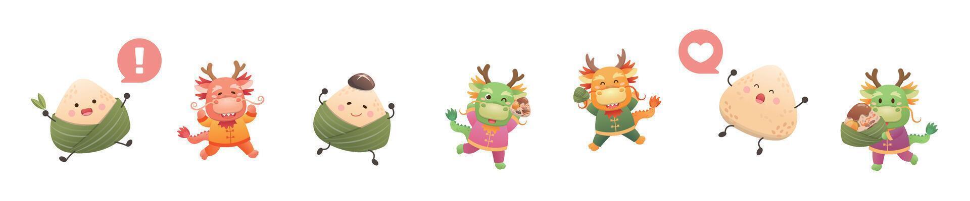 Chinese Dragon Boat Festival, cute and playful dragon and rice dumpling cartoon character, illustration vector