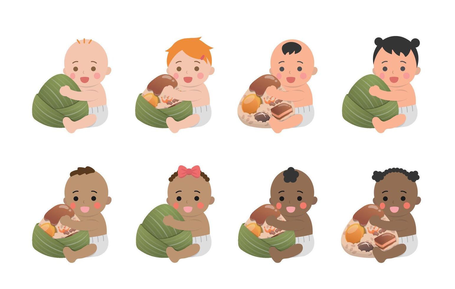 8 Babies with Different Skin Tones and Chinese Dragon Boat Festival Traditional Food Zongzi, Glutinous Rice Food Wrapped in Bamboo Leaves vector