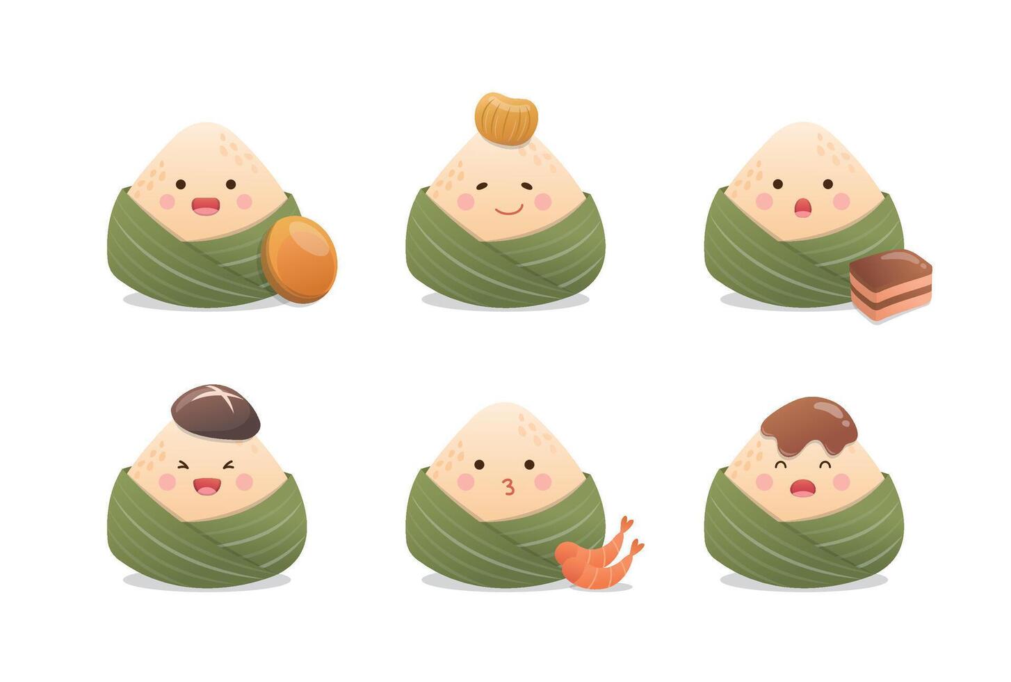 6 kinds of expressions playful and cute Chinese Dragon Boat Festival Zongzi character mascot characters with egg yolk, chestnut, pork, mushroom, shrimp set vector