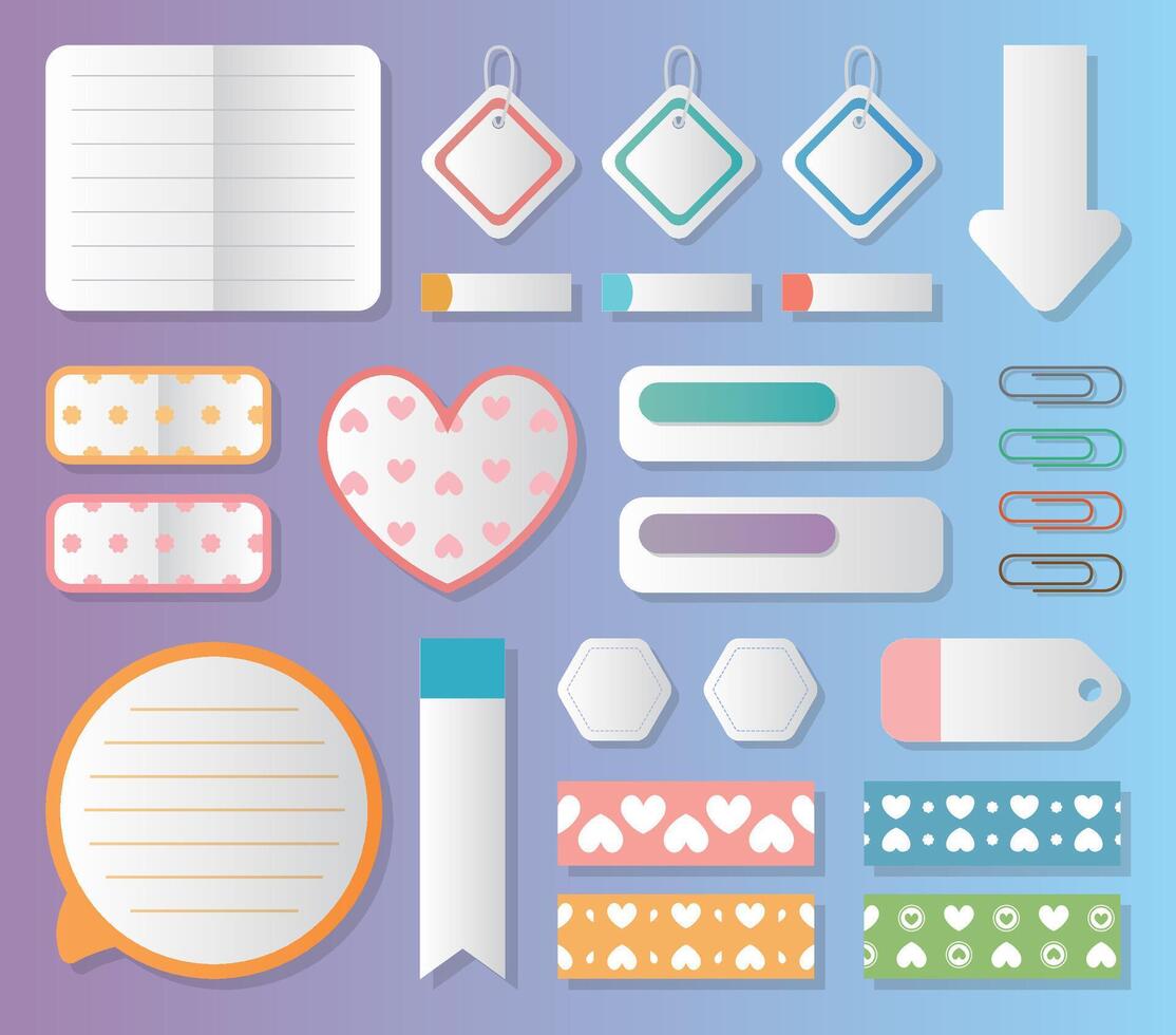 Colorful post-it notes, note sticks, note papers, paper clips, sets vector
