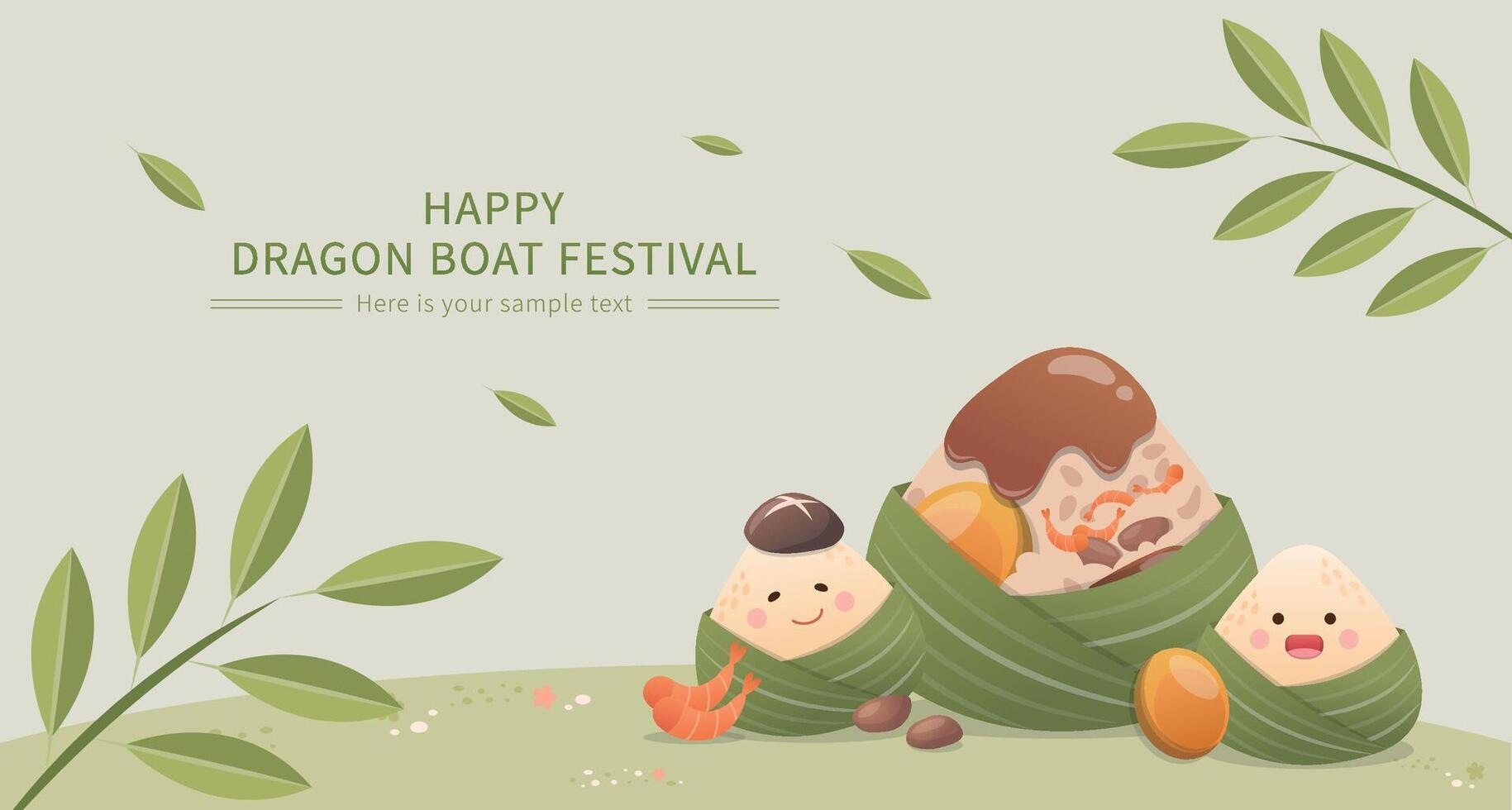 Chinese Dragon Boat Festival traditional food Zongzi, glutinous rice wrapped in bamboo leaves, green horizontal poster or greeting card vector