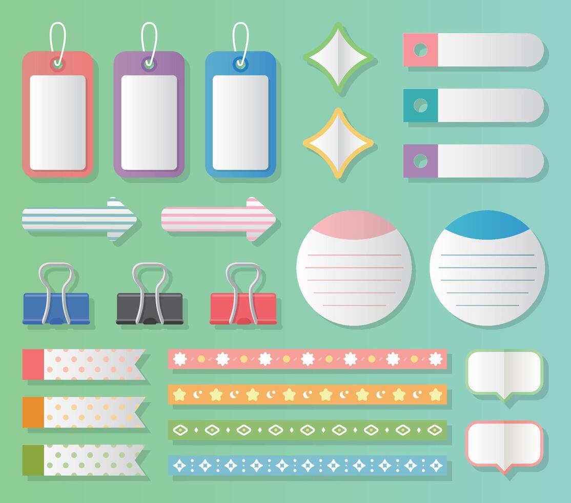 Colorful post-it notes, note stickers, note papers, clips, sets vector