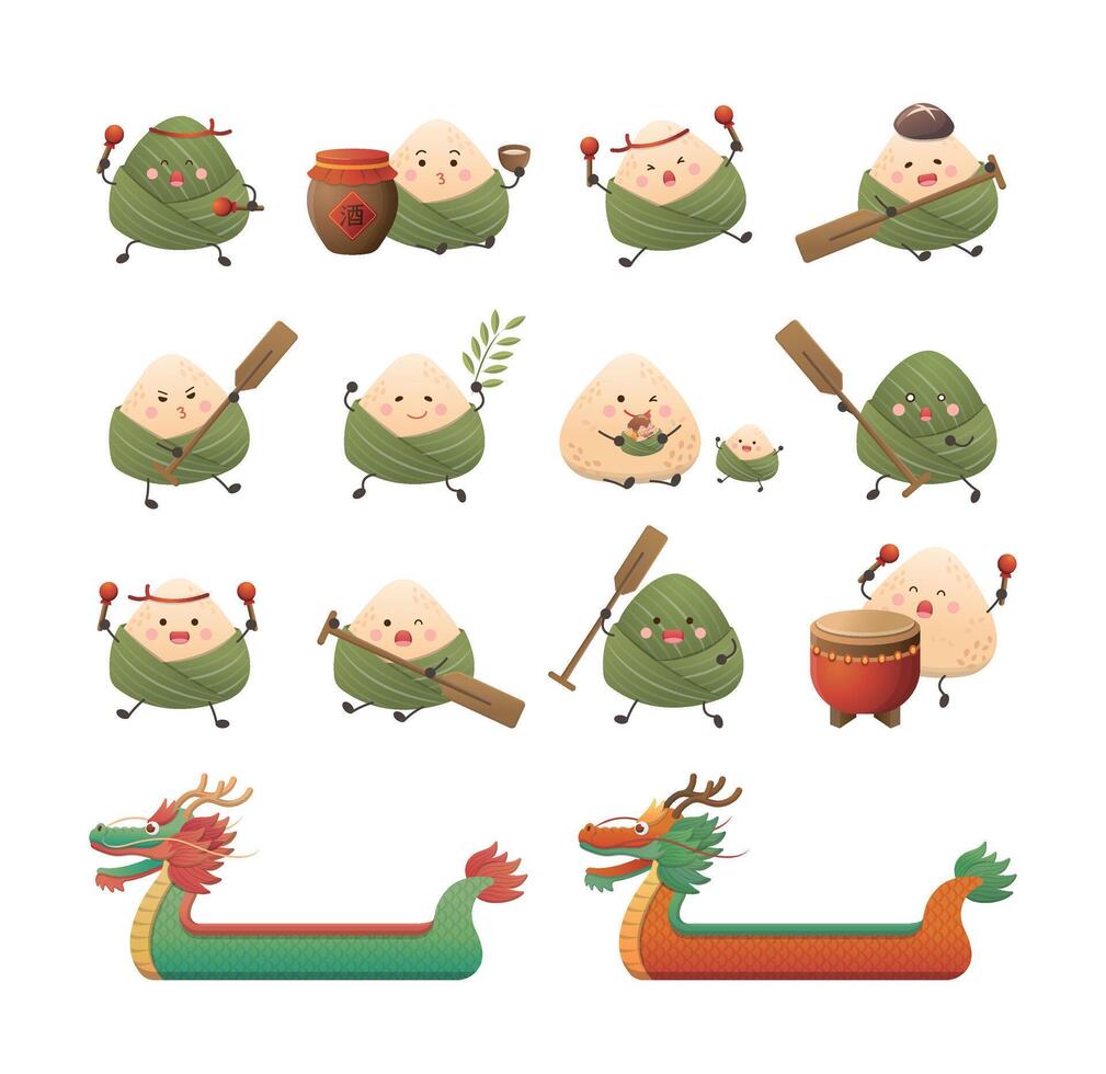 Festivals in China Dumplings for Dragon Boat Festival Cartoon Character Mascot and Dragon Boat Cartoon Set, Cute and Playful Actions and Expressions vector