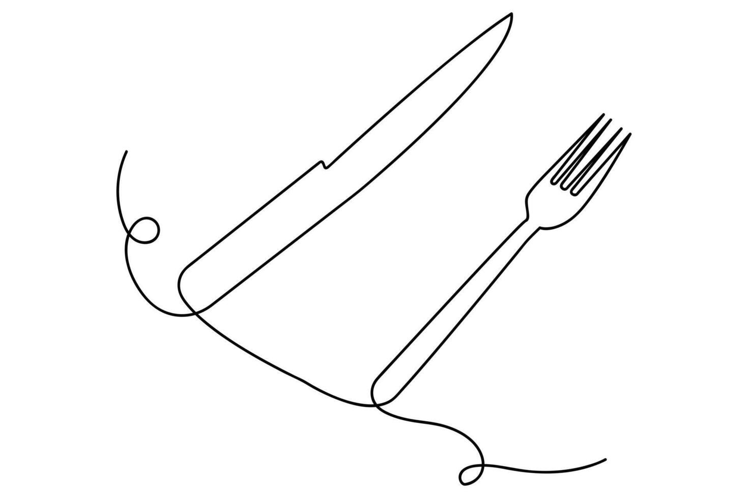 Continuous knife and fork outline art in minimalist one line drawing vector