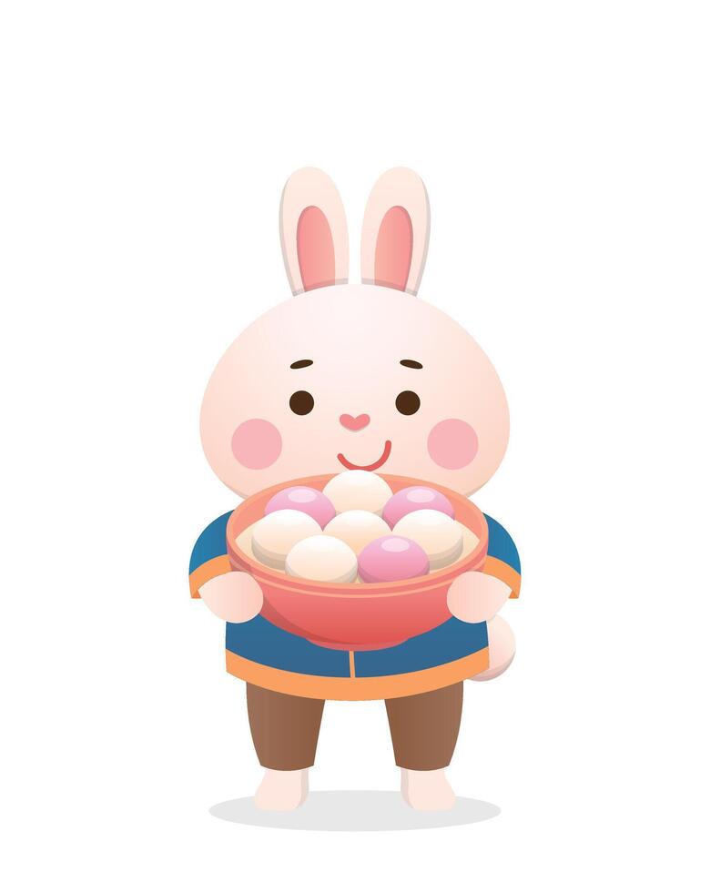Cute rabbit character or mascot with glutinous rice dumplings, Chinese New Year or Lantern Festival, Year of the Rabbit, cartoon style vector