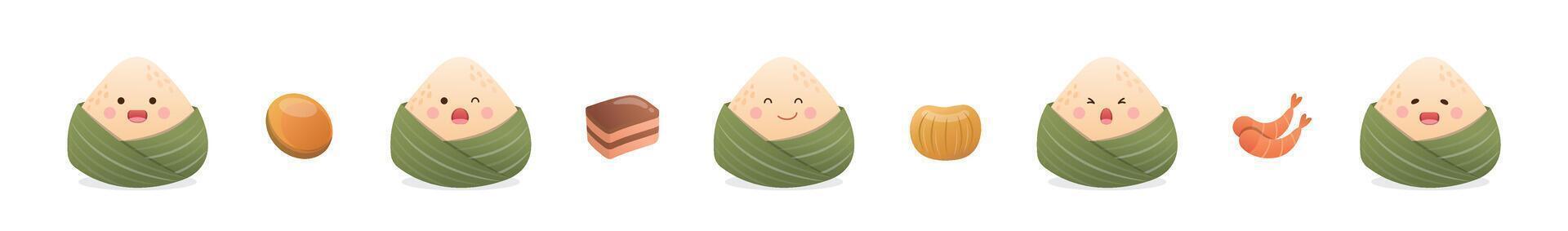 A set of happy dragon boat festival dumplings collection, playful and cute mascot cartoon characters vector