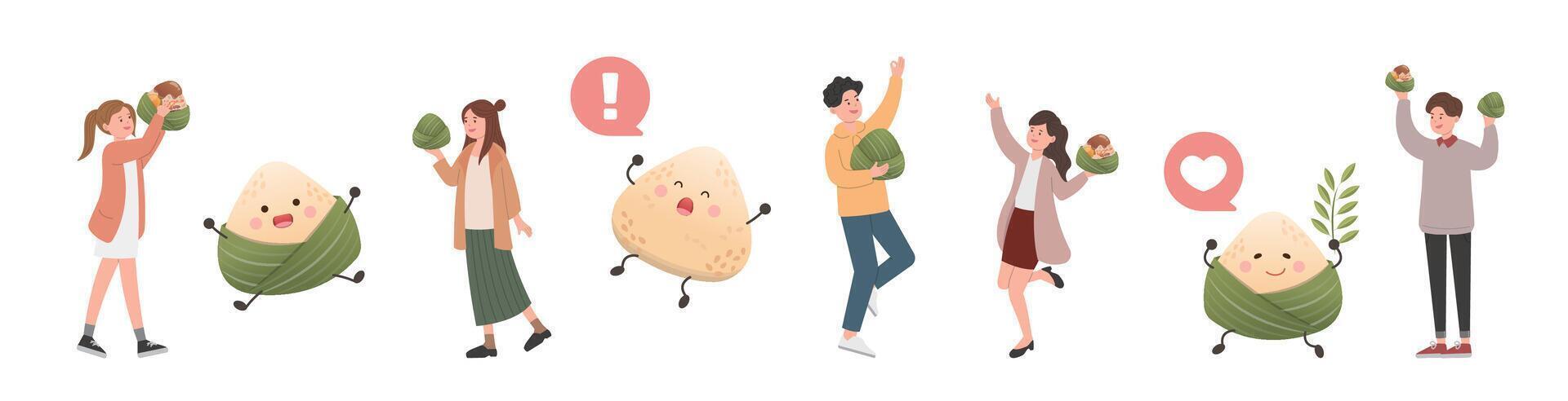 Happy people with zongzi cartoon mascot character happy celebrating chinese dragon boat festival vector