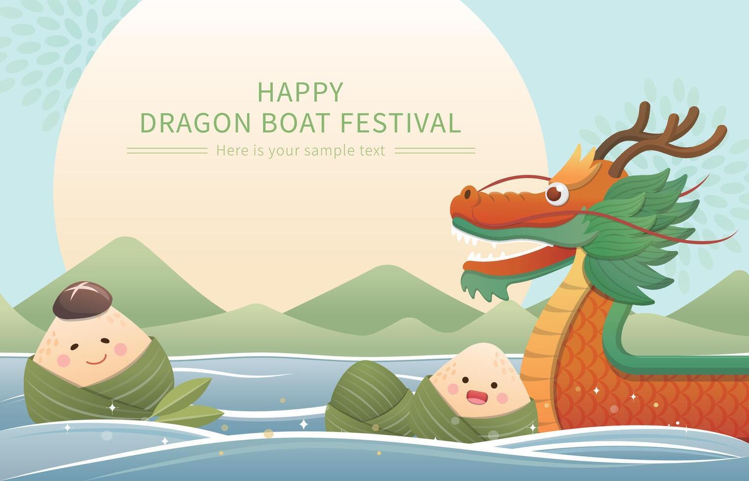 Poster and elements for Dragon Boat Festival, Zongzi's playful and cute mascot cartoon character and poster of dragon boat vector