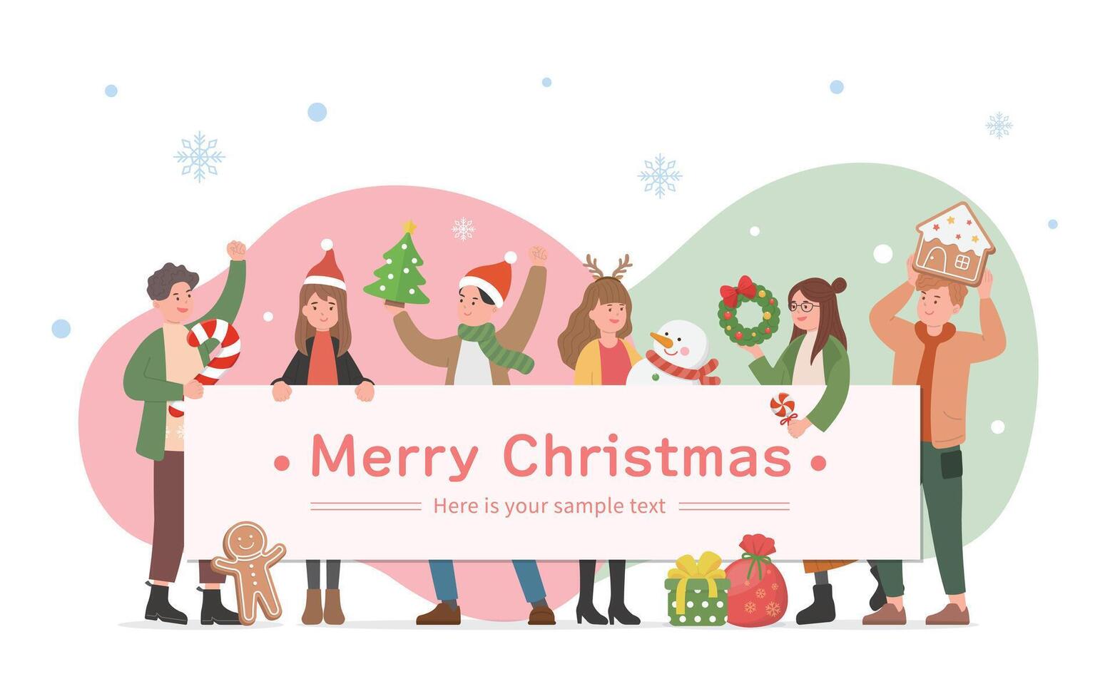 Happy men and women celebrating christmas, horizontal poster, merry christmas and new year, cartoon style, greeting card invitation card christmas card vector