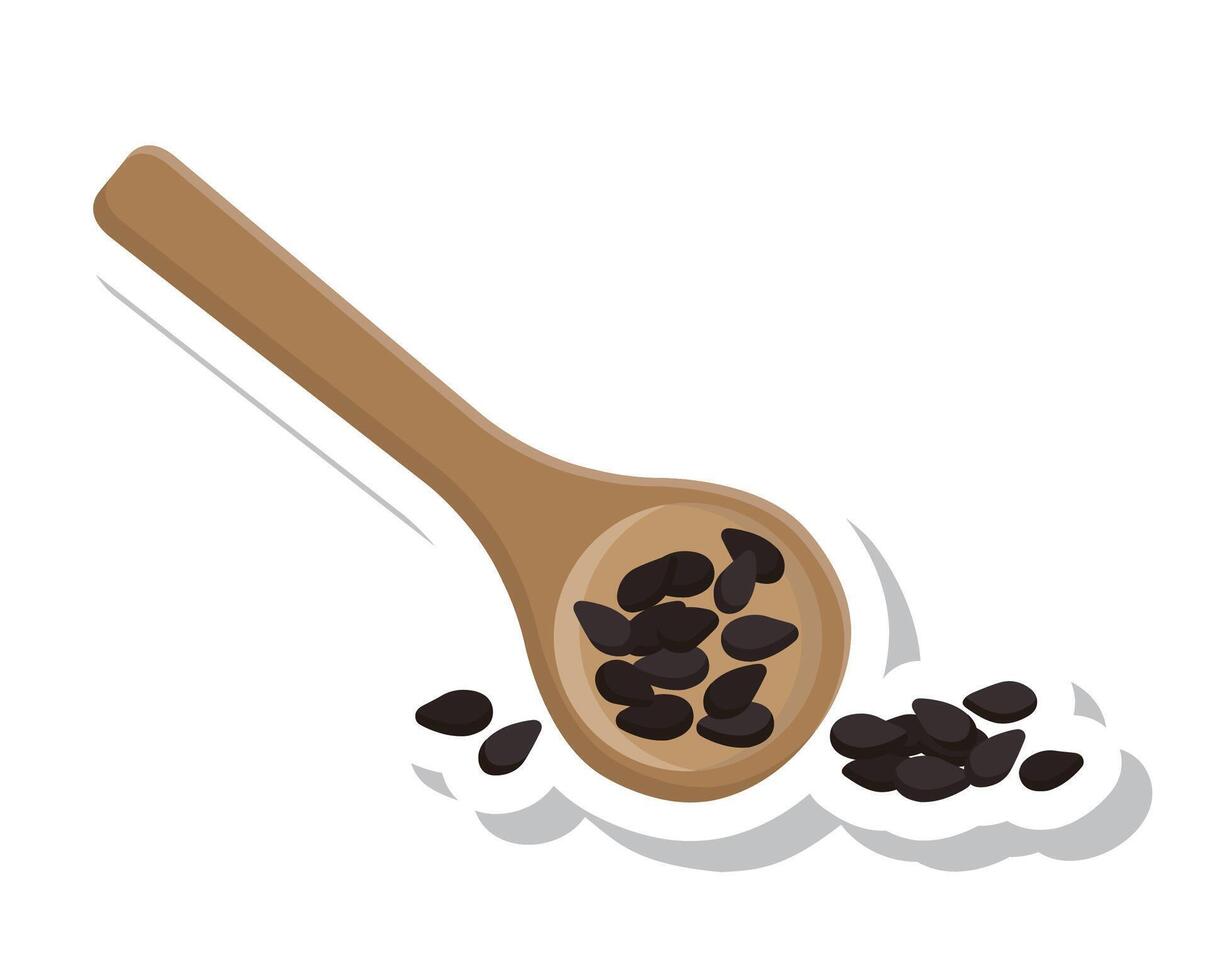 Black sesame seeds with wood spoon isolated on white background vector