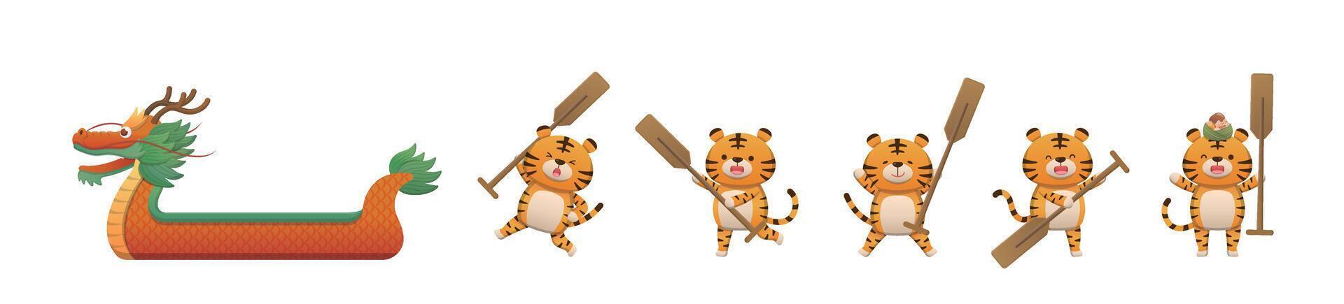 Elements of Chinese Dragon Boat Festival, 5 cute tiger mascot characters rowing race and dragon boat vector