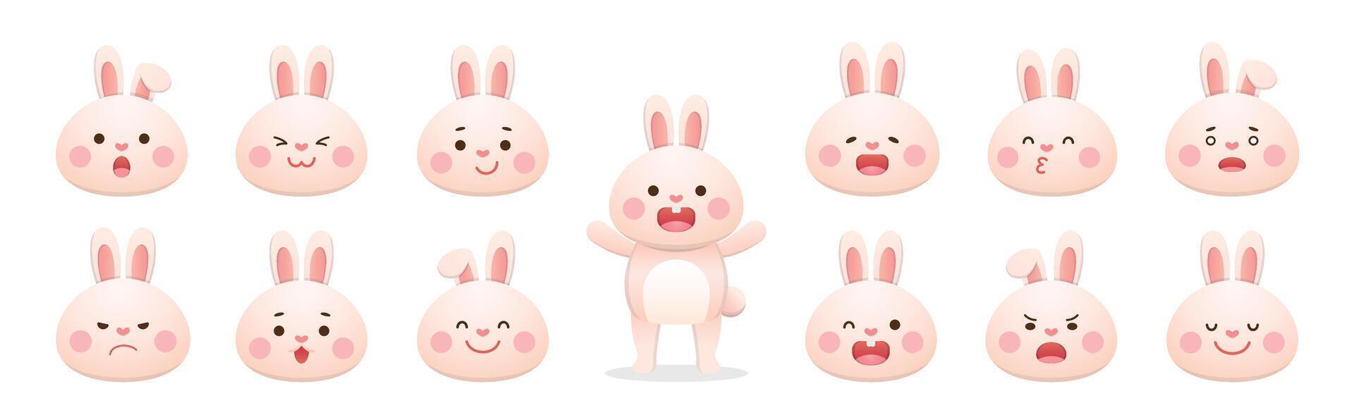 Cute white bunny baby character or mascot with various expressions, mid autumn festival or chinese new year or easter, cartoon style set vector