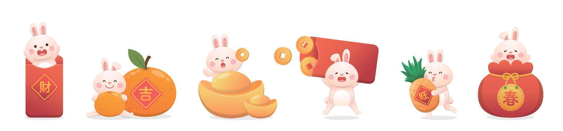 Various cute bunny characters or mascots, Chinese lunar new year elements, cartoon style set vector