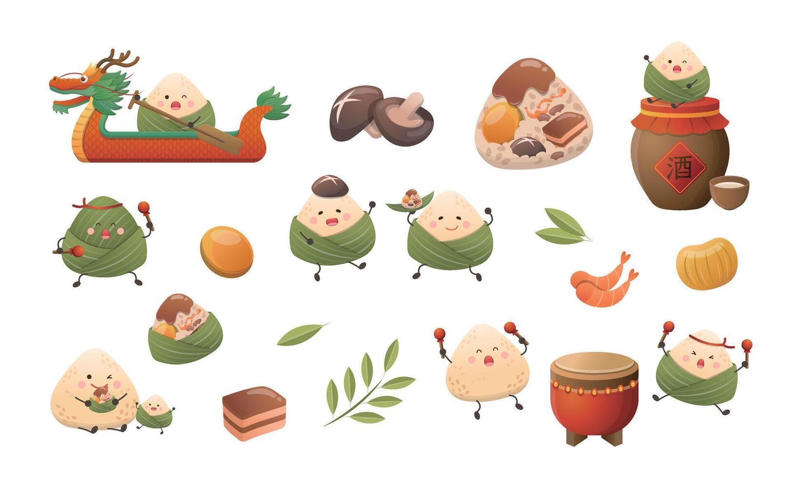 Chinese festivals Dragon Boat Festival cute and playful zongzi cartoon characters, bamboo leaf stuffing mushrooms, shrimp, chestnuts, pork, and wine drum elements set vector