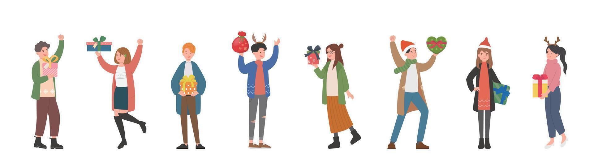 Set of happy stylish men and women with gift boxes, surprise for christmas or new year or wedding or birthday, cartoon style vector