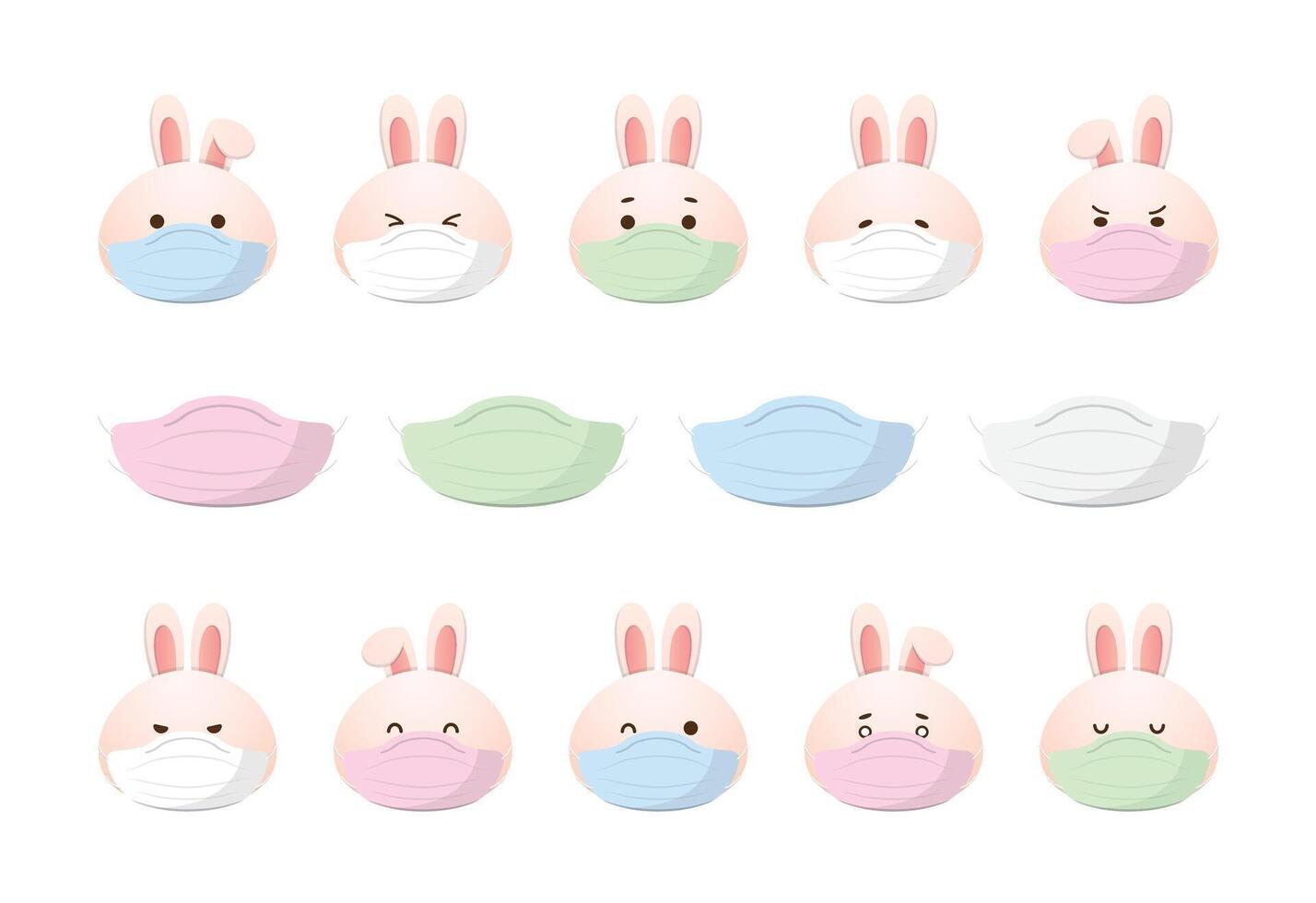 Cute rabbit character or mascot with various expressions, medical mask with virus and protection, health and lifestyle, cartoon style vector