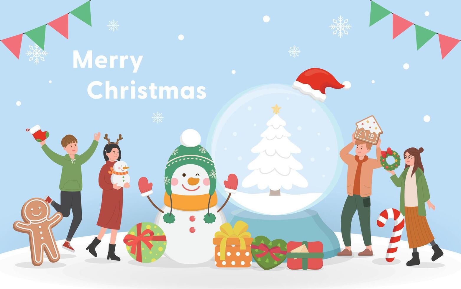 Happy man and woman celebrating christmas, christmas tree with snowball, christmas and happy new year, cartoon style, for greeting card invitation card christmas card vector