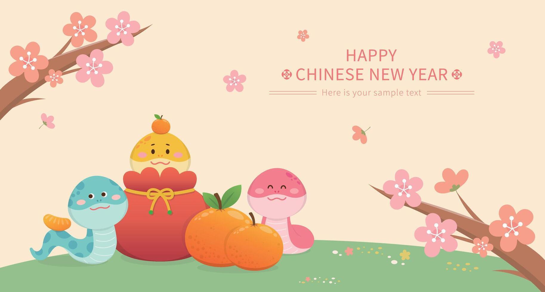 Chinese New Year with pink plum blossoms and spring poster or greeting card, orange and red money bag with snake character vector