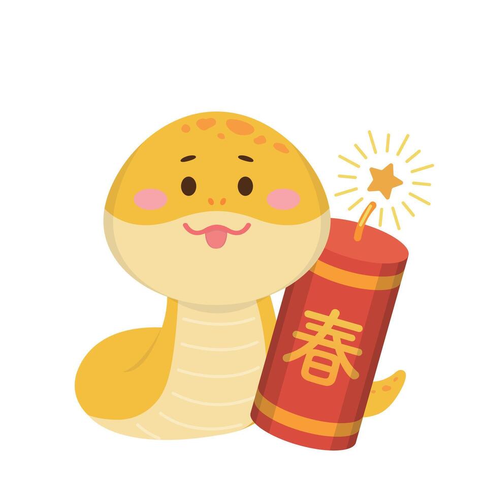 Yellow snake character or cartoon character with firecrackers, Chinese New Year, illustration vector