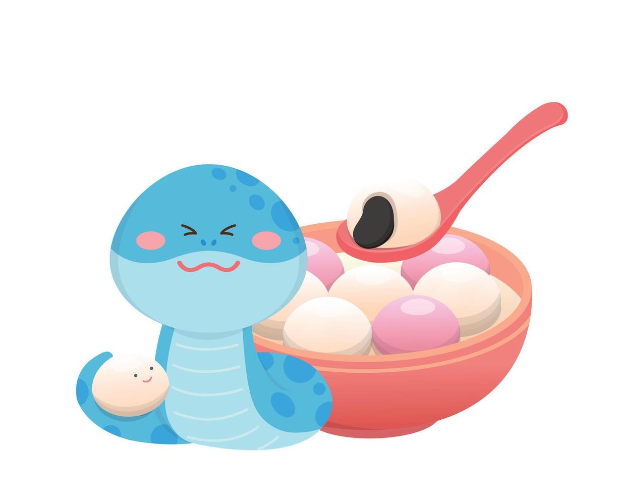 Snake character or cartoon character with glutinous rice balls, Chinese New Year or Lantern Festival, illustration vector