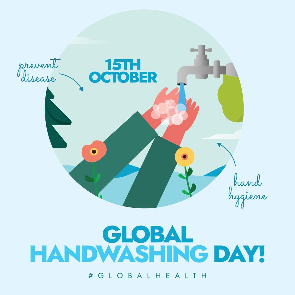 15th October Handwashing day celebration banner with a boy washing his hands under tap water vector