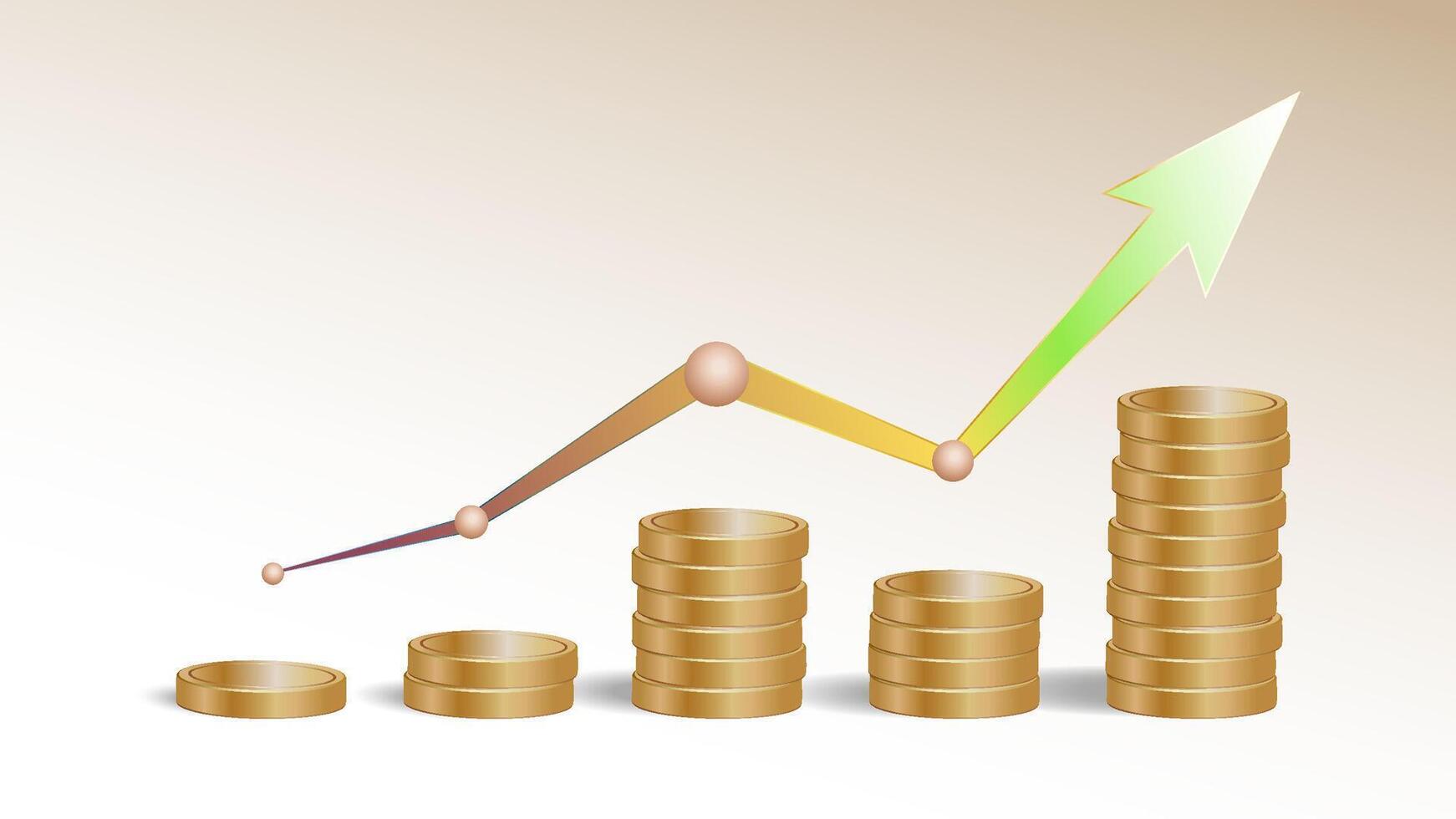A 3D illustration of a stack of golden coins with an decrease and increase arrow graph, symbolizing financial growth and success vector
