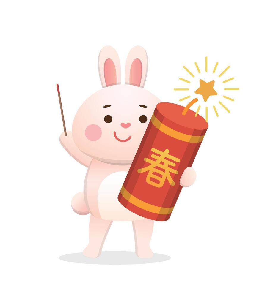 Cute rabbit character or mascot with firecrackers for Chinese New Year, Year of the Rabbit, cartoon style vector
