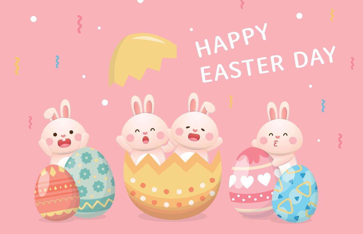 Easter with cute playful rabbit mascot, colorful eggs, invitation card and poster, illustration vector