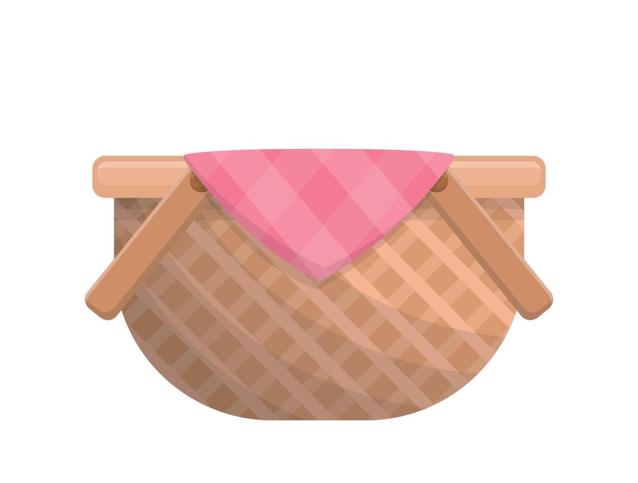 Wicker basket with pink picnic cloth isolated on white background, rustic style, cartoon illustration or icon vector