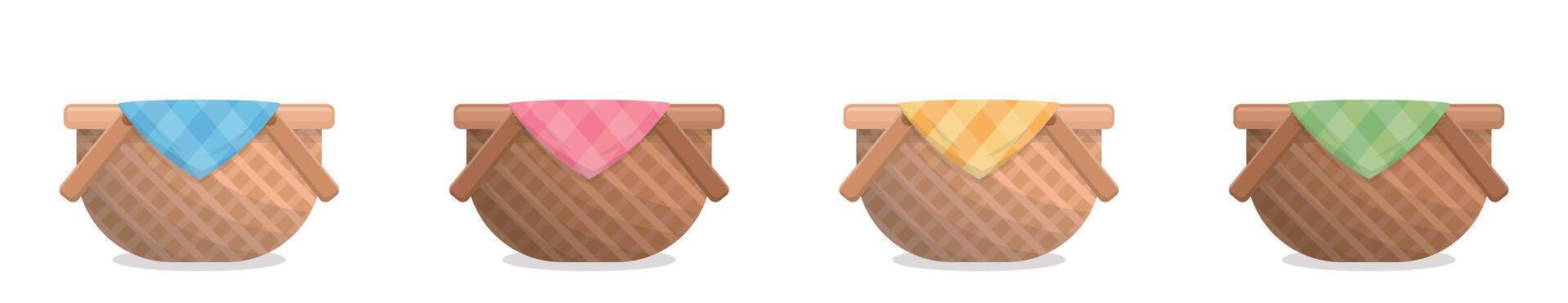 Set of wicker baskets with picnic cloth isolated on white background, colorful, rustic picnic style, cartoon illustration or icon vector
