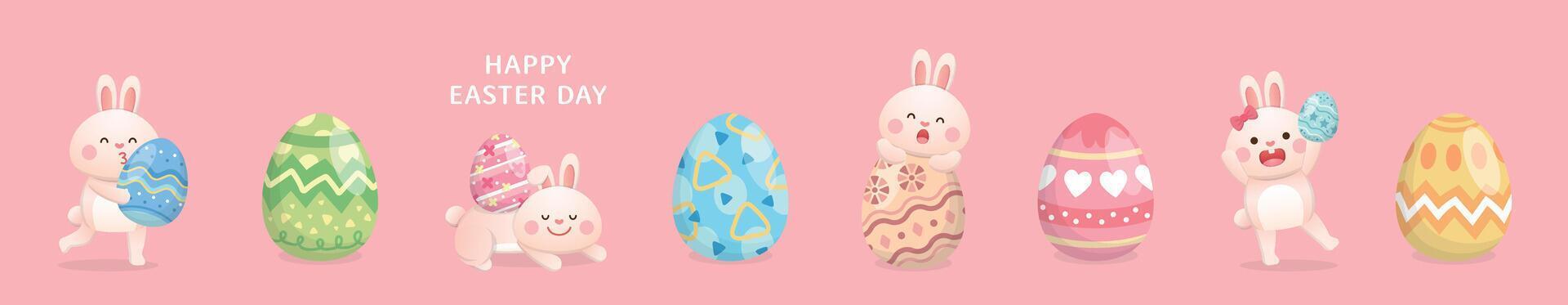 Set of cute and playful rabbit mascots or characters, colorful easter eggs, illustration vector