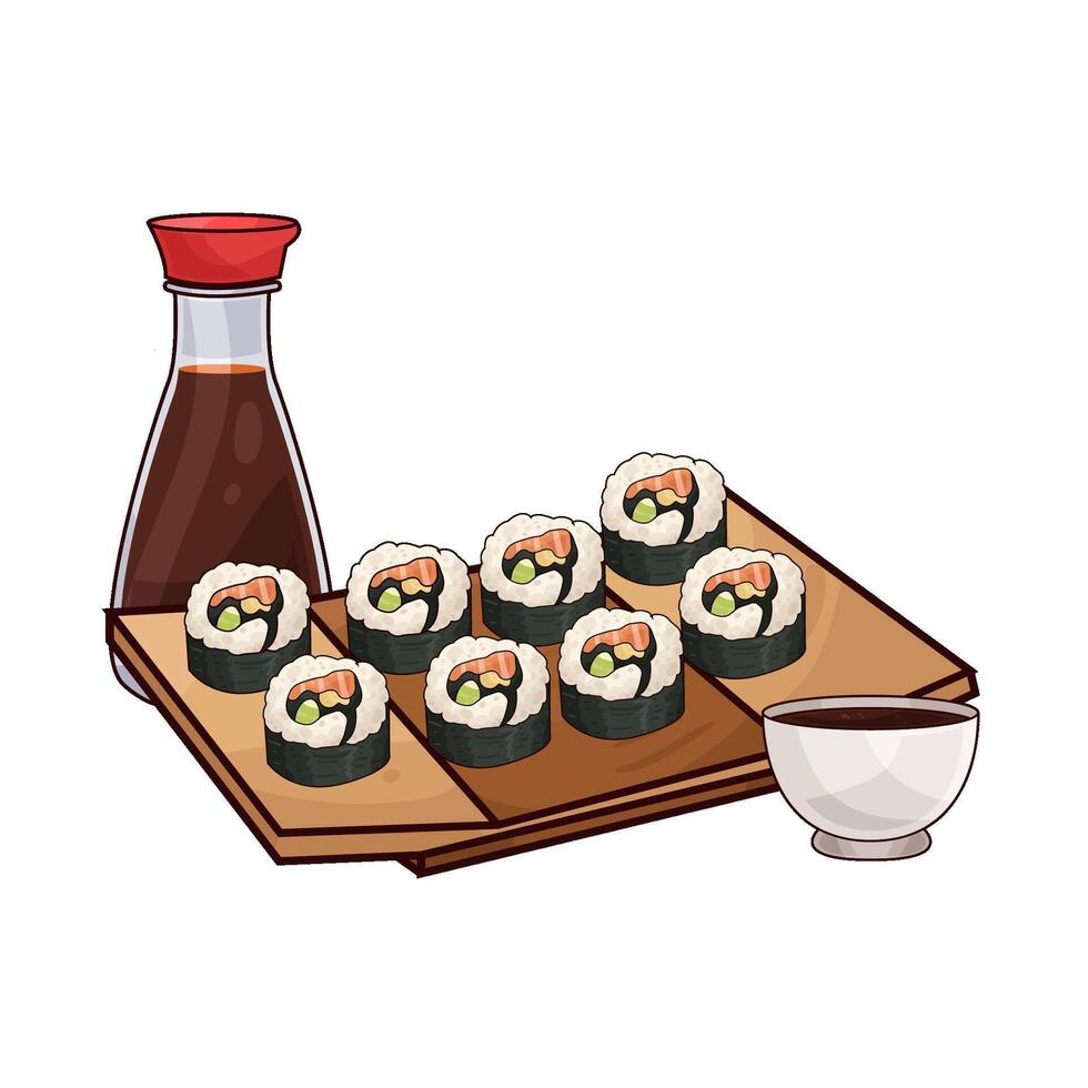 Illustration of sushi roll with soy sauce vector