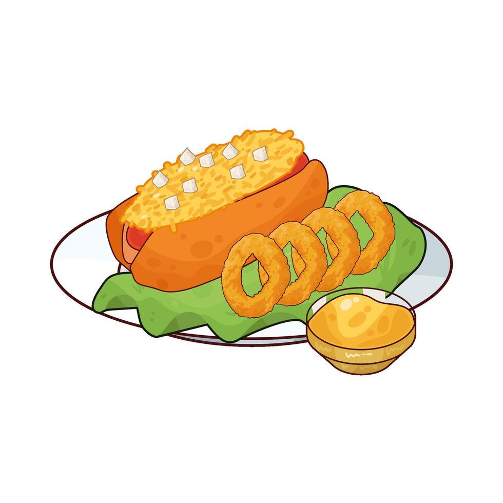 onion rings with cheese hotdog vector