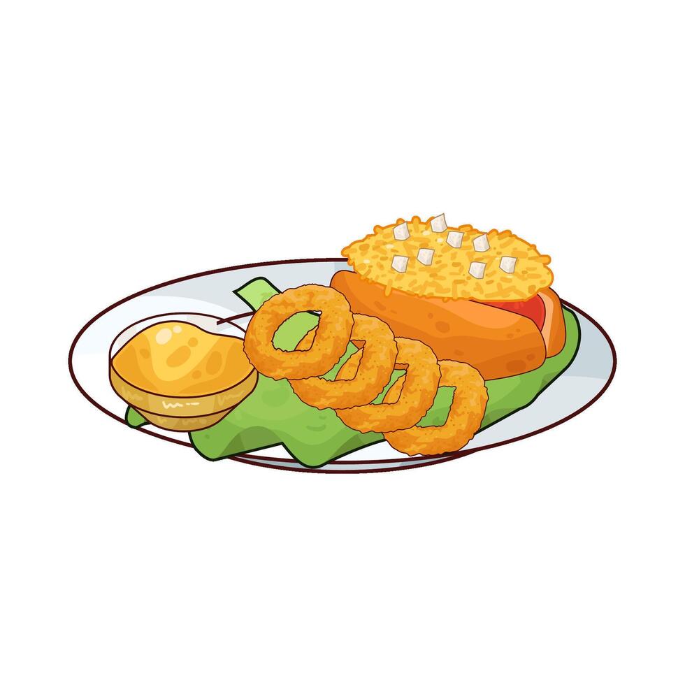 illustration of onion rings with cheese hotdog vector