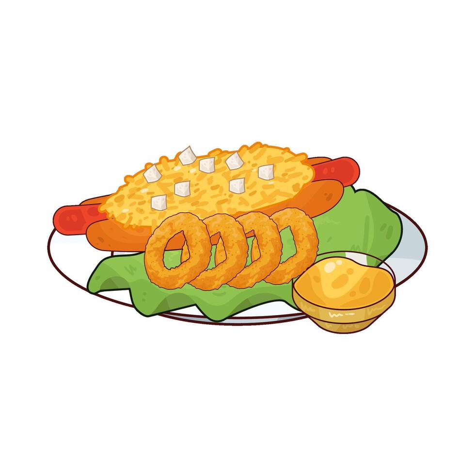 onion rings and cheese hotdog illustration vector