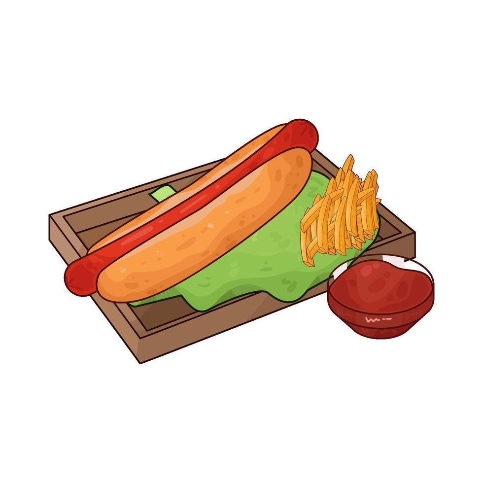French fries and hotdog with spicy sauce vector
