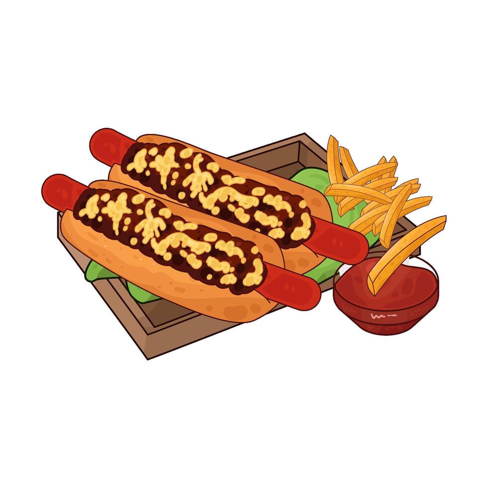 illustration of two hotdogs with french fries vector