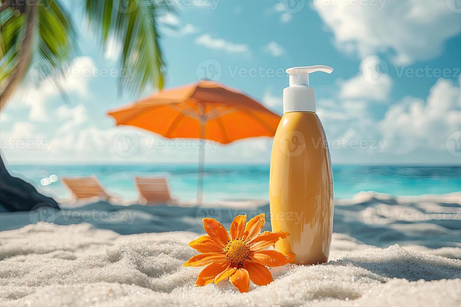 Sunscreen bottle on sandy beach with umbrella and blue sky background. Summer vacation concept photo