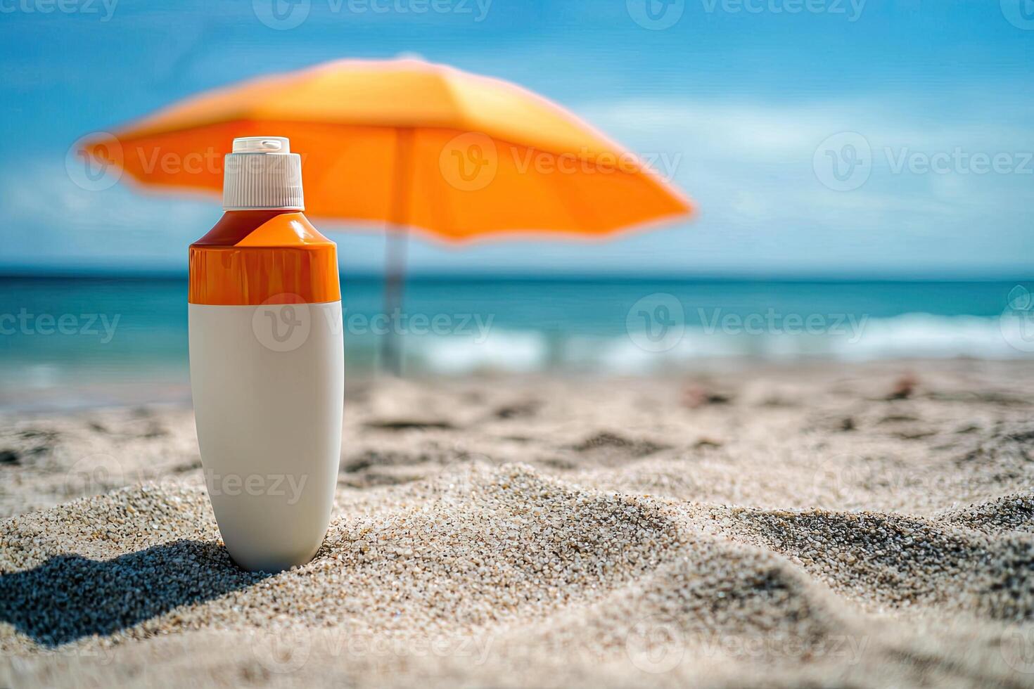 Sunscreen bottle on sandy beach with umbrella and blue sky background. Summer vacation concept photo