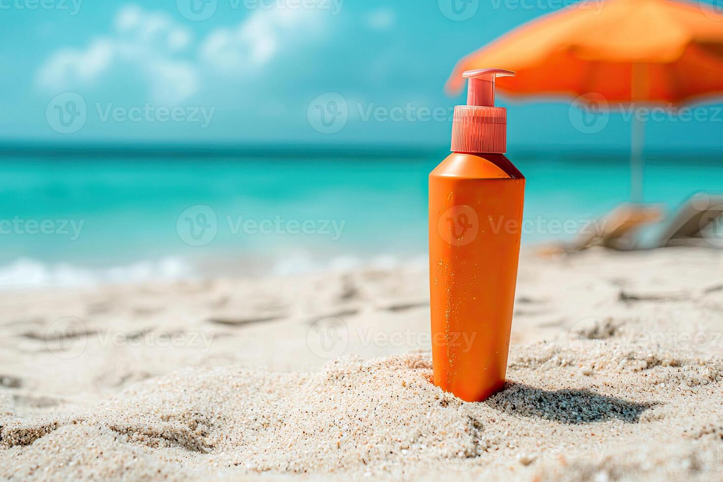 Sunscreen bottle on sandy beach with umbrella and blue sky background. Summer vacation concept photo