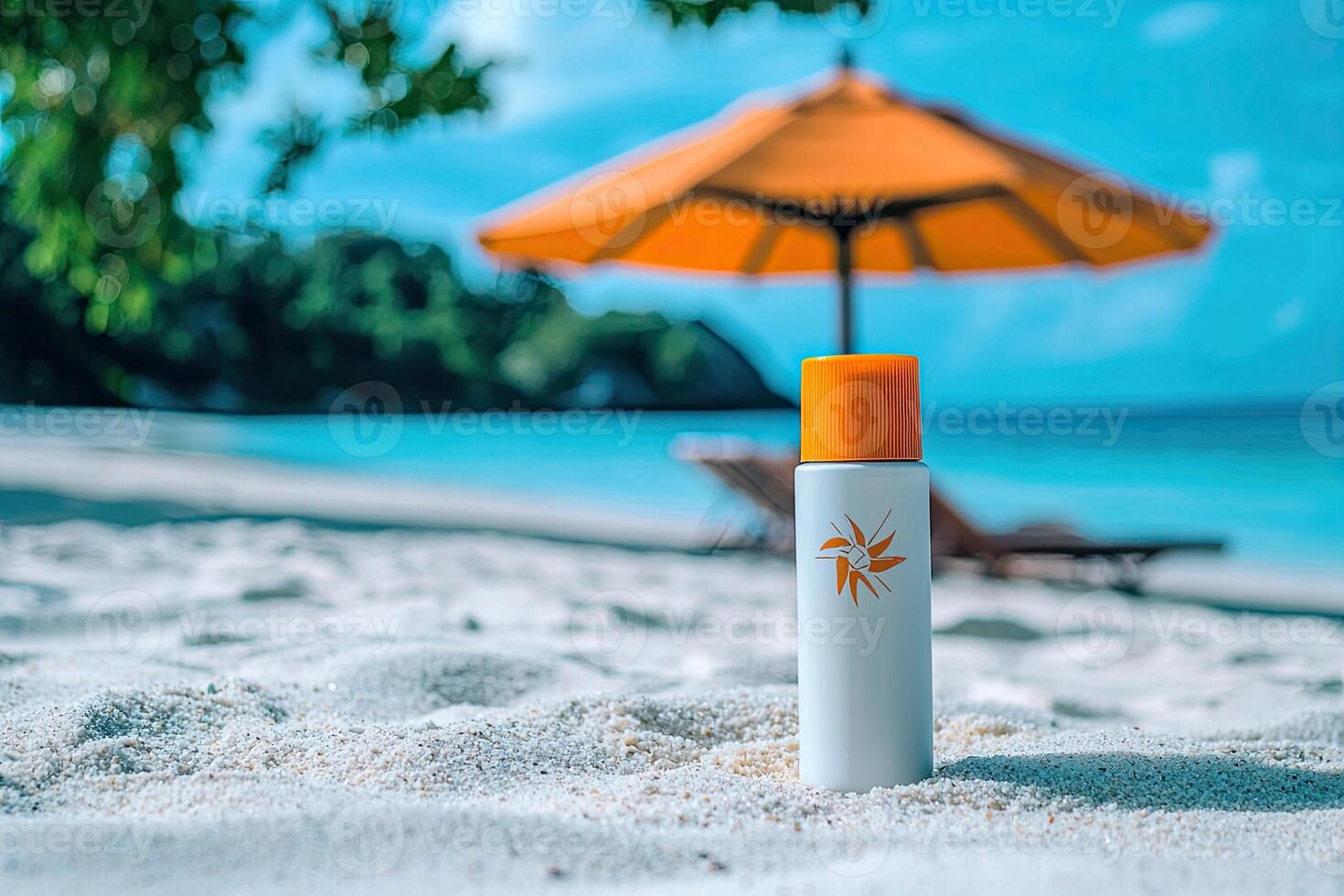 Sunscreen bottle on sandy beach with umbrella and blue sky background. Summer vacation concept photo