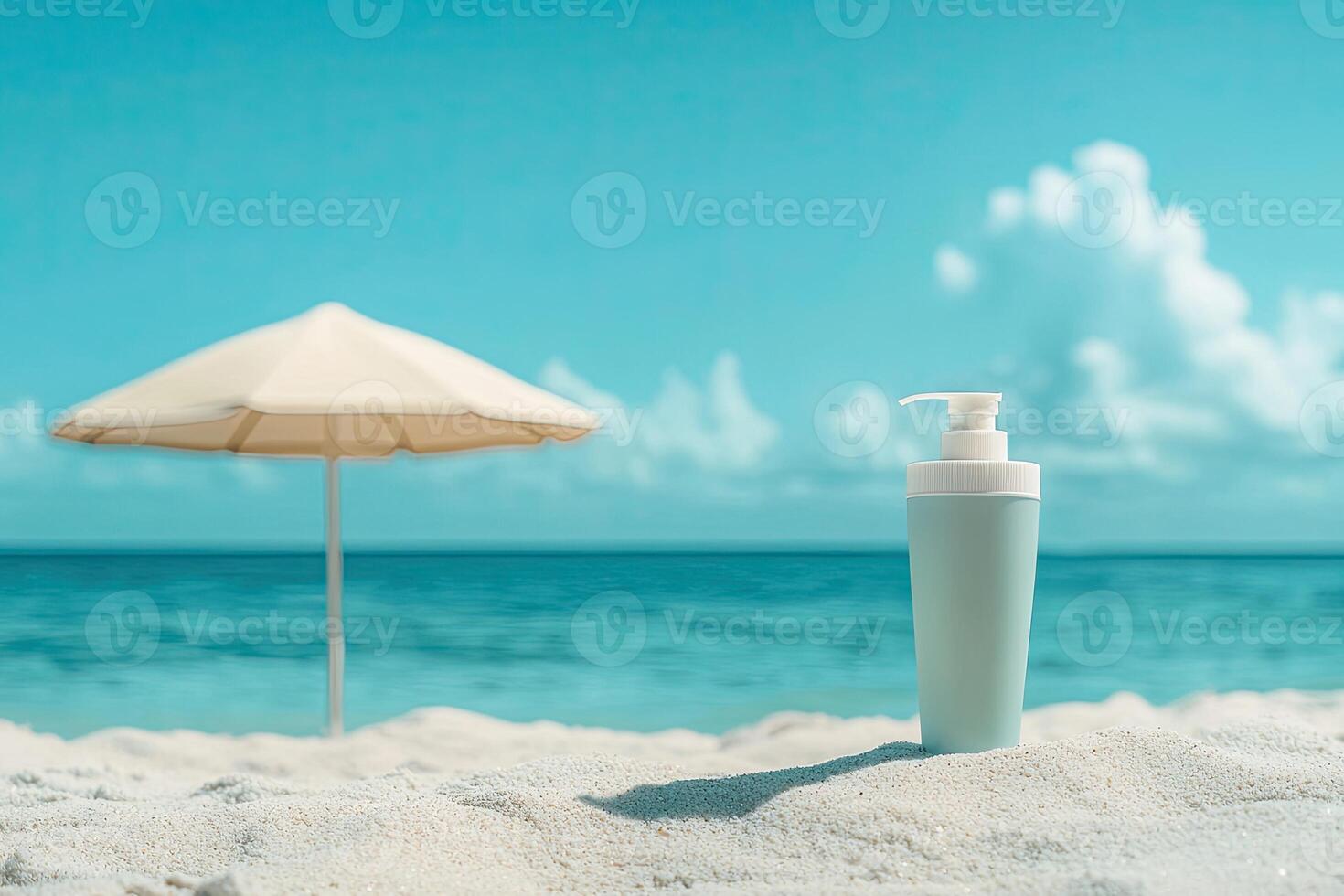 Sunscreen bottle on sandy beach with umbrella and blue sky background. Summer vacation concept photo