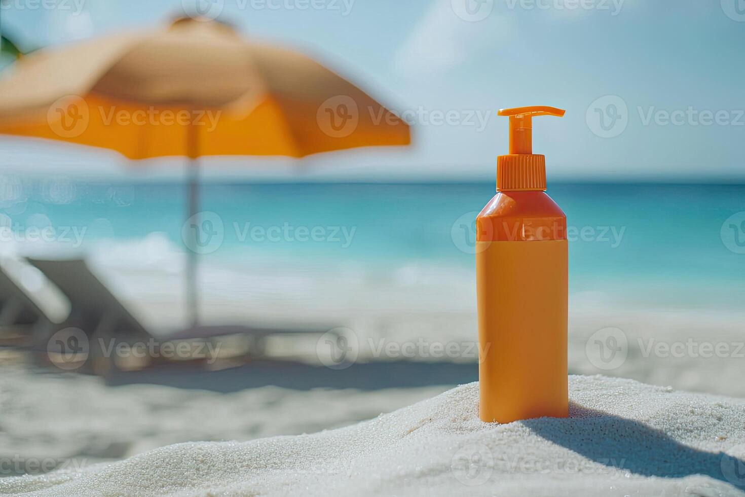 Sunscreen bottle on sandy beach with umbrella and blue sky background. Summer vacation concept photo