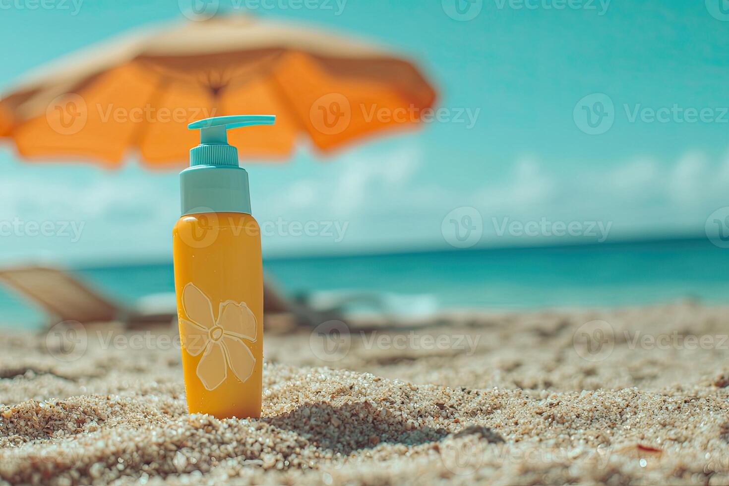 Sunscreen bottle on sandy beach with umbrella and blue sky background. Summer vacation concept photo
