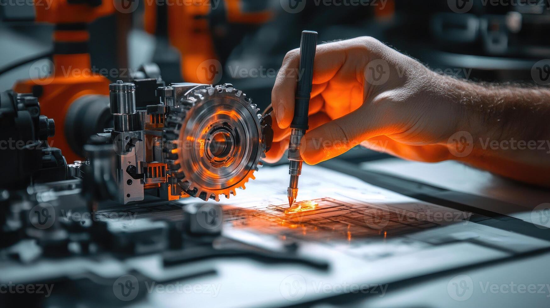 Detailed view of interlocking metallic gears in motion, showcasing the complexity and precision of mechanical engineering and machinery photo