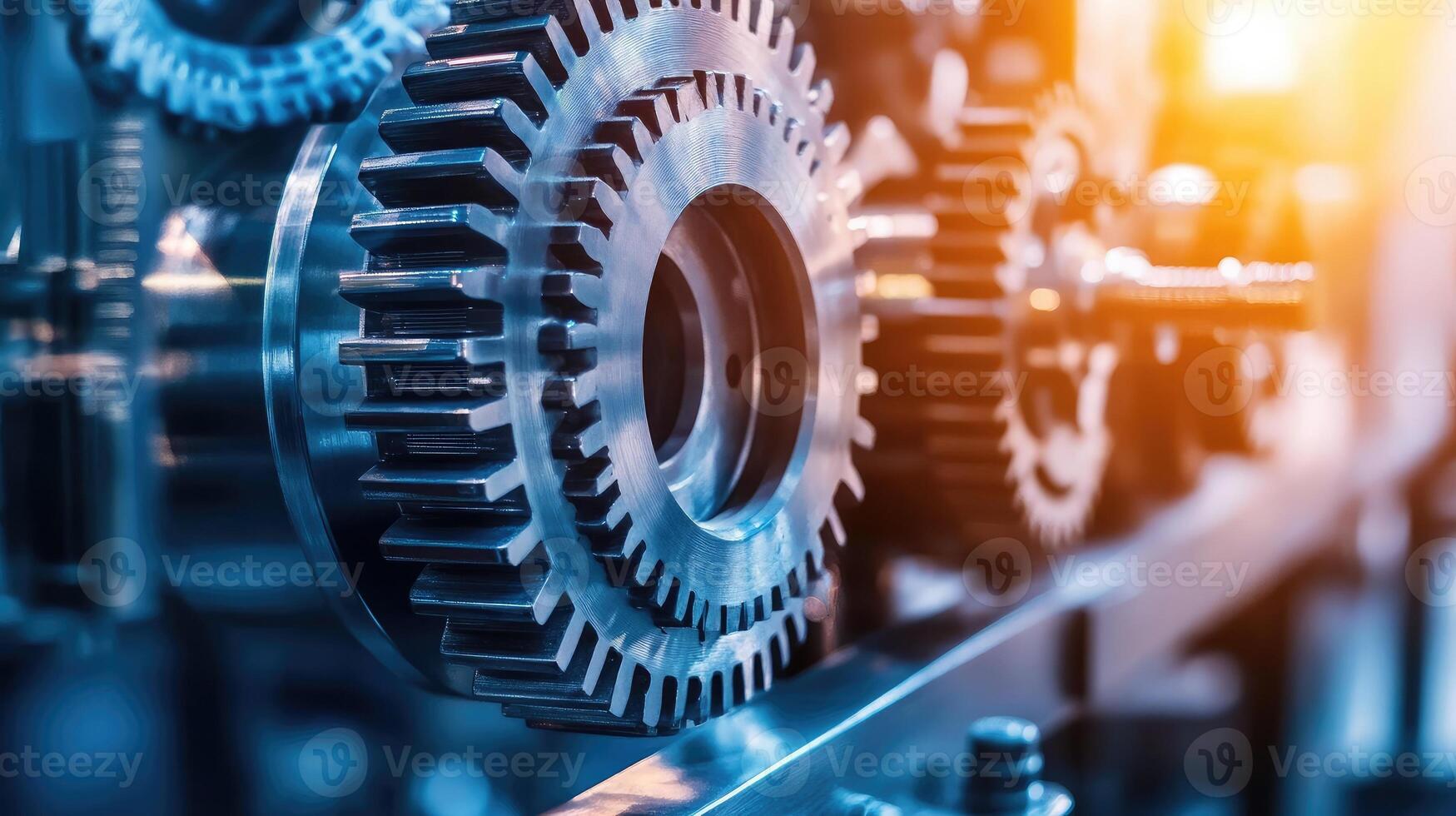 Detailed view of interlocking metallic gears in motion, showcasing the complexity and precision of mechanical engineering and machinery photo