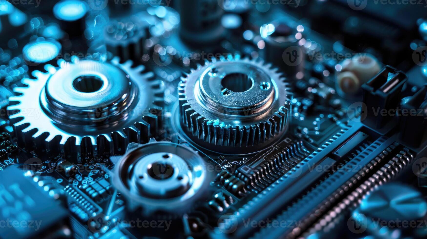 Detailed view of interlocking metallic gears in motion, showcasing the complexity and precision of mechanical engineering and machinery photo